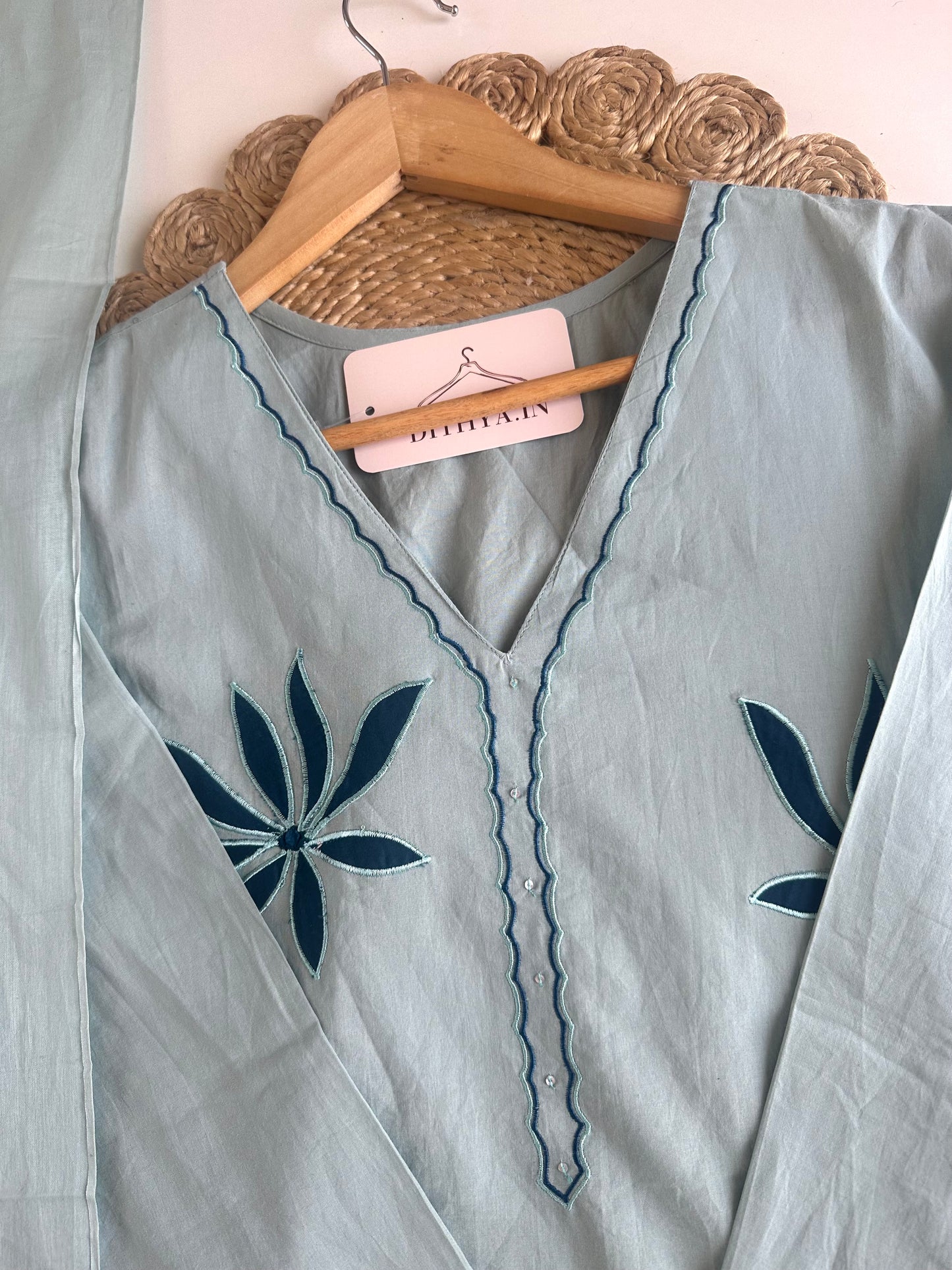 K224 - Mul cotton embroidered straight Kurti with pants and dupatta