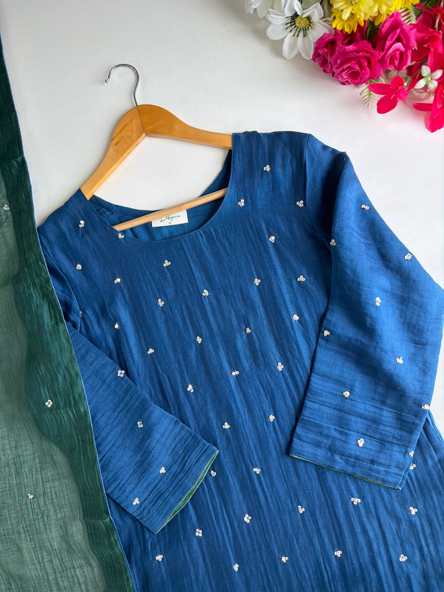 K345 - Mul chanderi handwork aline Kurti with pants and dupatta in 2 colours