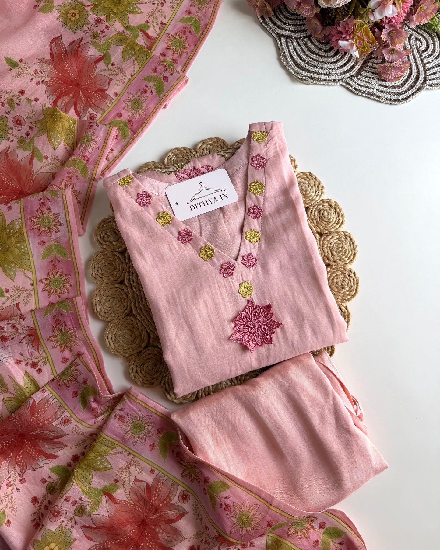 K227 - Mul cotton embroidered Aline Kurti with pants and dupatta