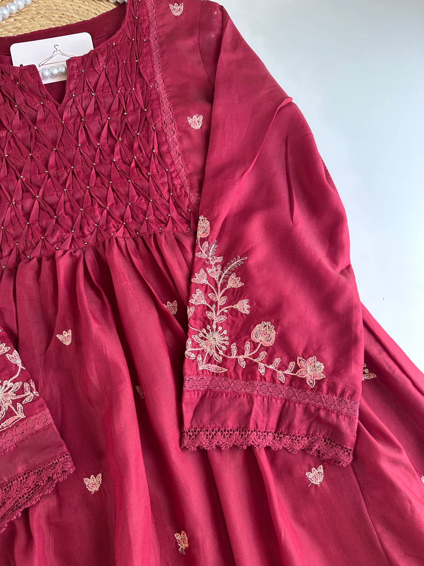 K485 - Mul Chanderi zari work Anarkali with pants and dupatta
