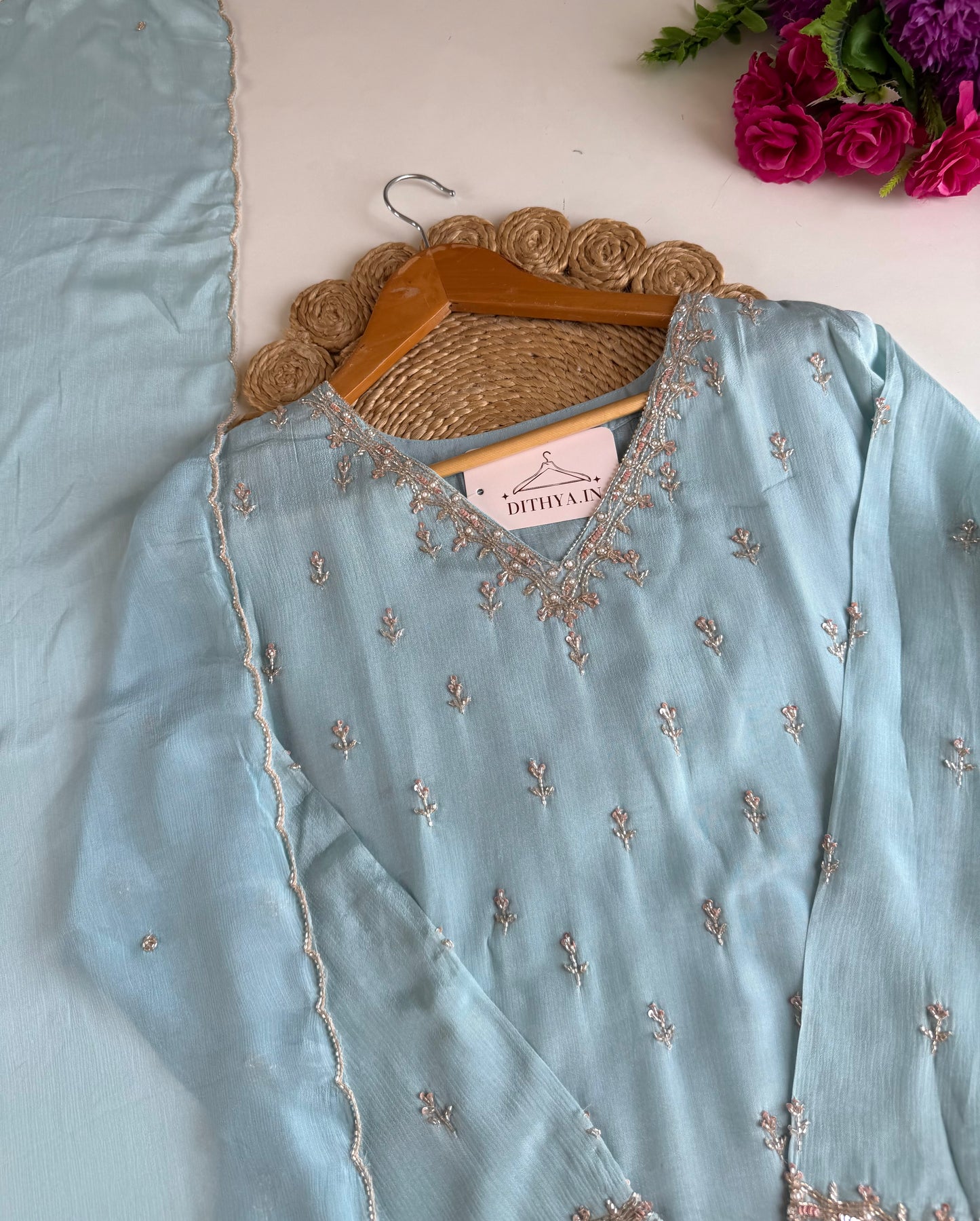 K690 - Pure Chinnon handwork aline Kurti with pants and dupatta