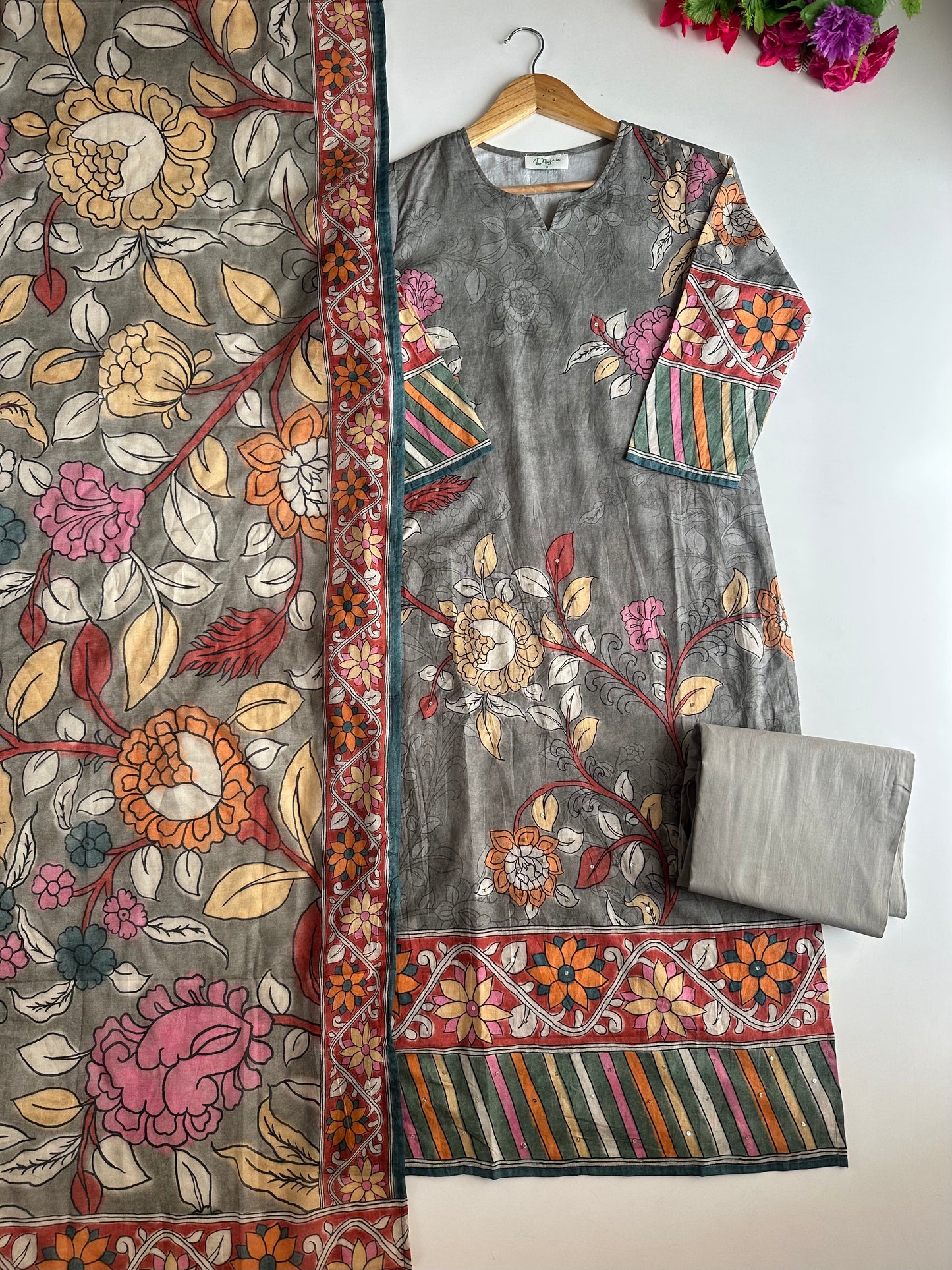 K403 - Mul cotton printed straight Kurti with pants and dupatta