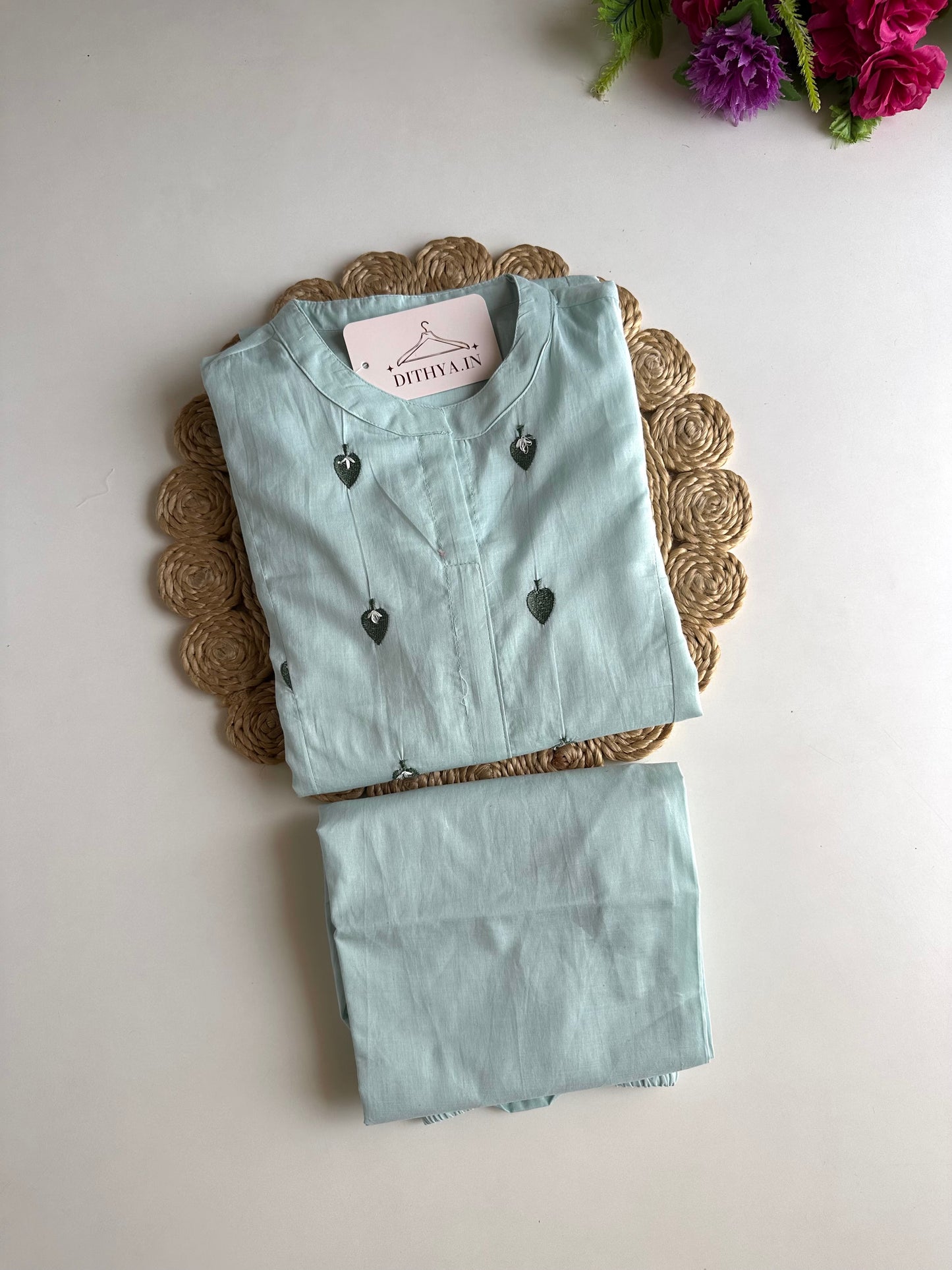 K275 - Mul cotton embroidered Aline Kurti with pants