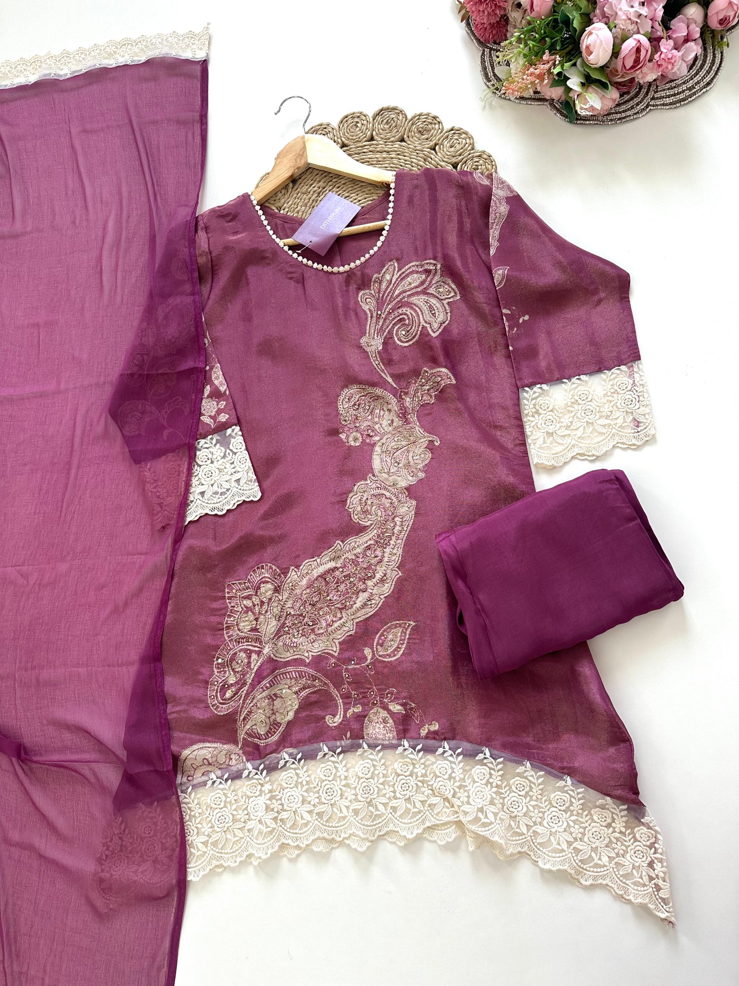 K328 - Tissue silk short kurti with pants and dupatta.