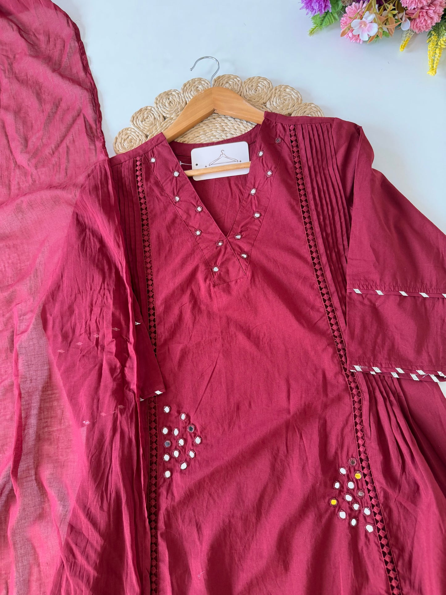 K628 - Mul cotton mirror work Anarkali with pants and dupatta