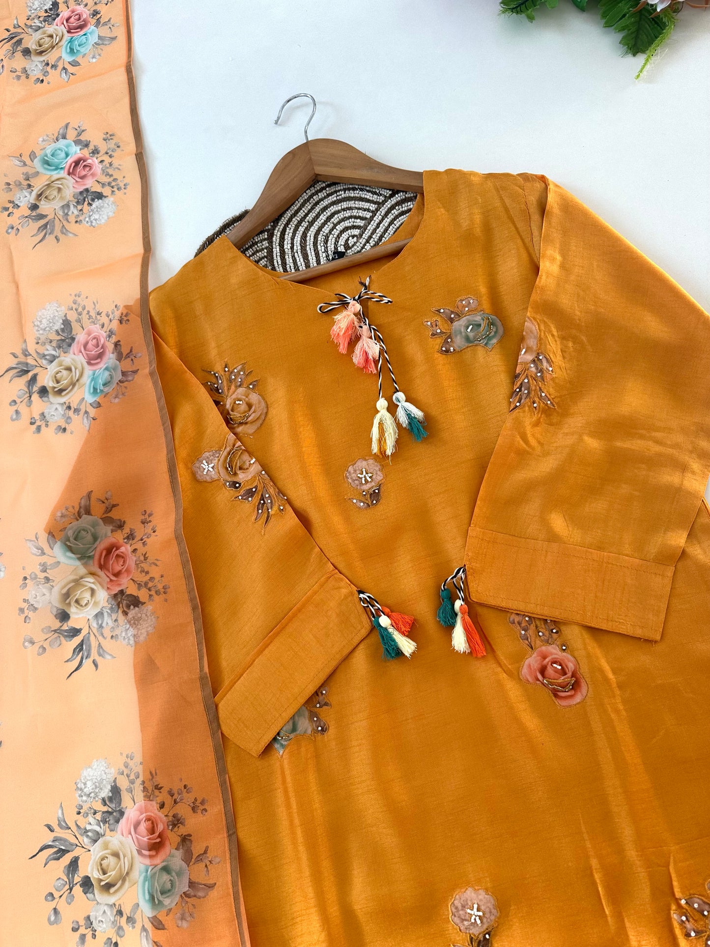 K127 - Dola silk appliqué work straight Kurti with pants and dupatta