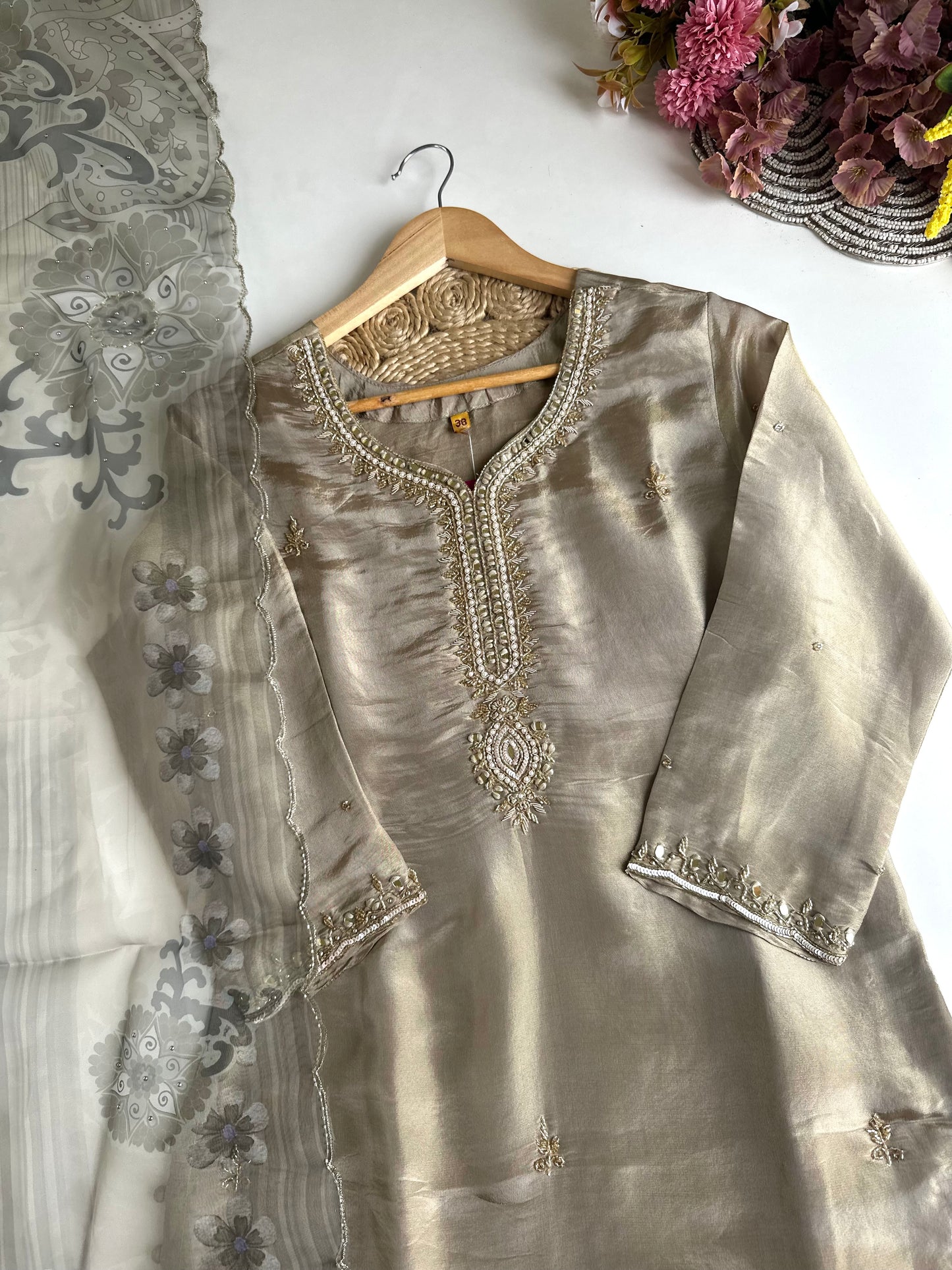 K475 - Tissue silk handwork straight Kurti with pants and dupatta
