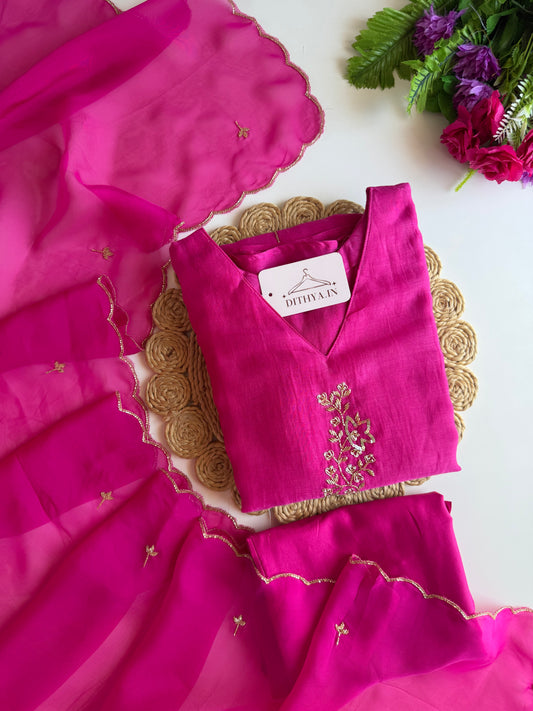 K616 - Mul chanderi handwork Aline Kurti with pants and dupatta