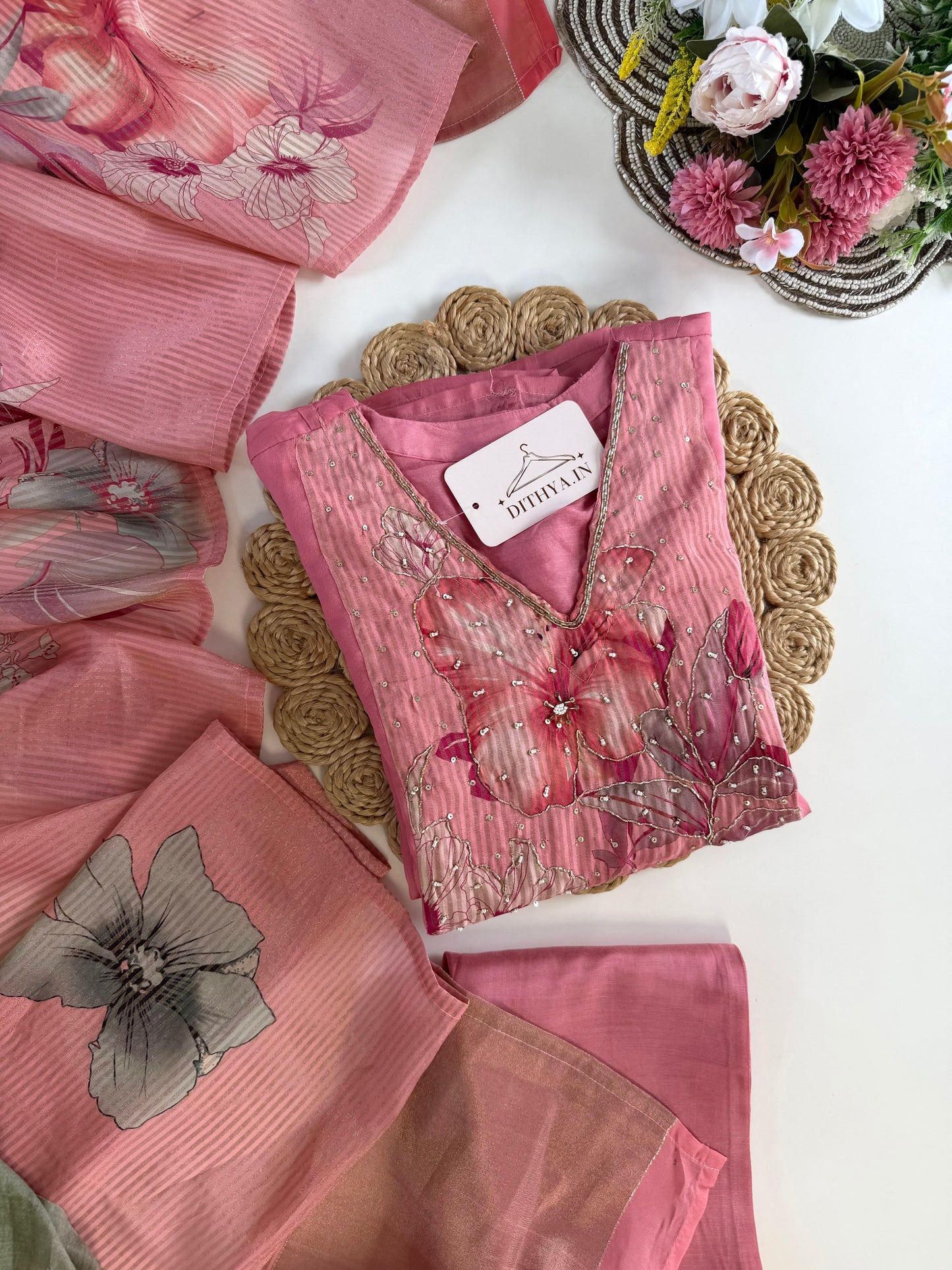 K614 - Viscose organza Floral Anarkali with pants and dupatta