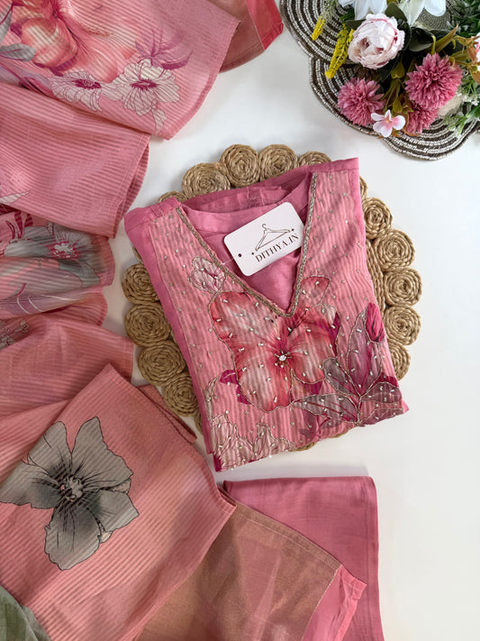 K614 - Viscose organza Floral Anarkali with pants and dupatta