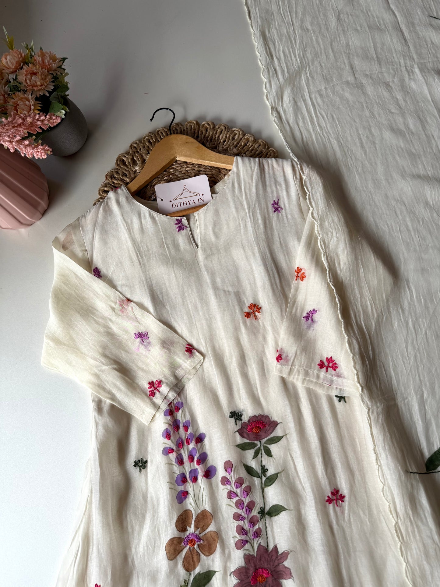 K611 - Mul chanderi embroidered Aline Kurti with pants and dupatta