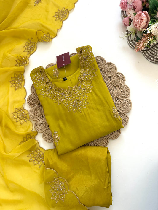 K195 - Zari work Russian silk straight kurti with pants and dupatta .