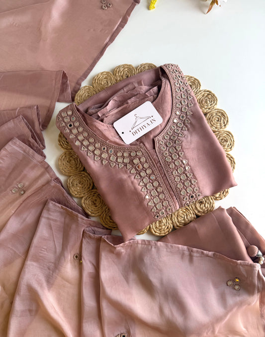 K424 - Pure HO silk mirror work aline Kurti with pants and dupatta