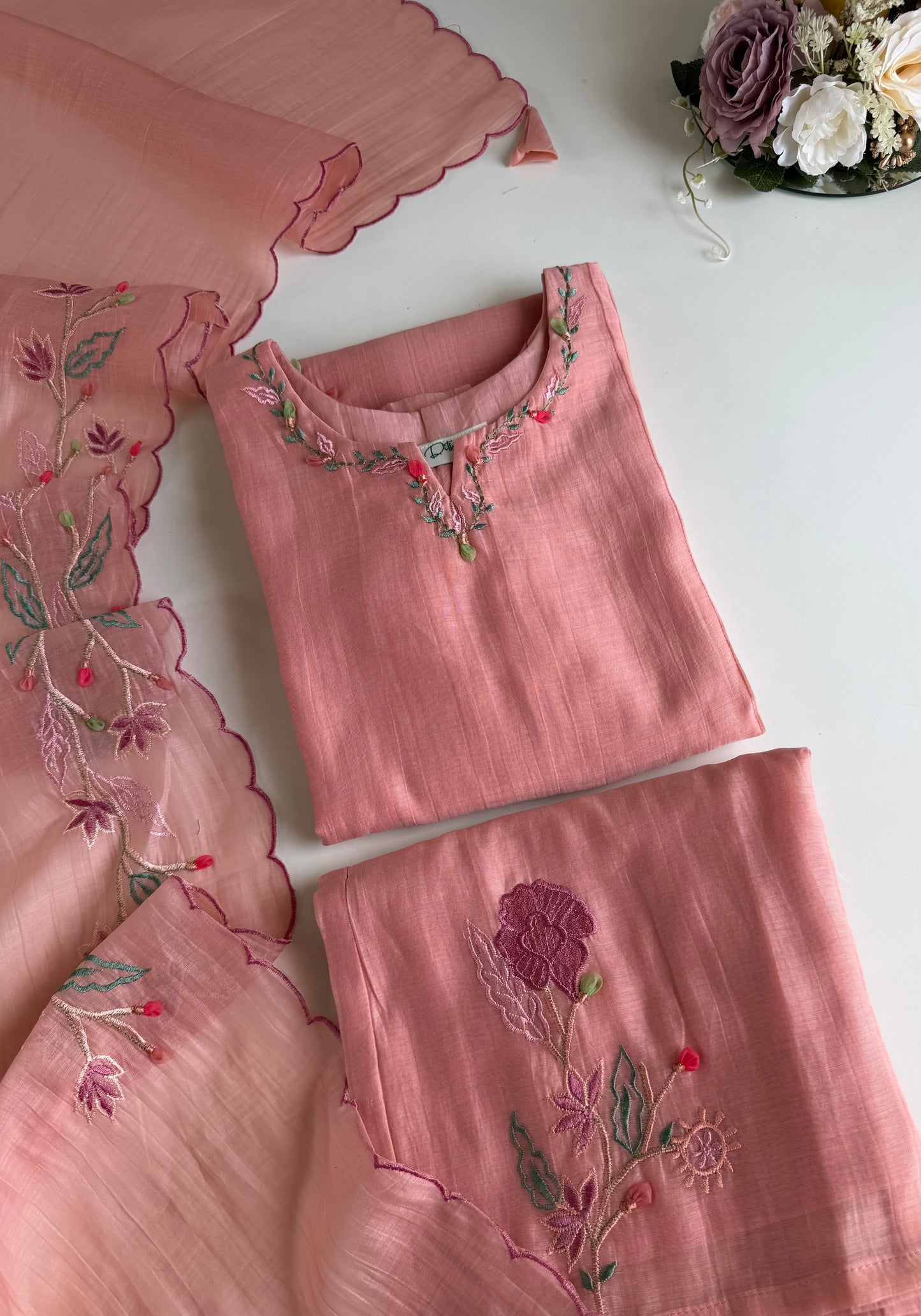K575 - Mul Chanderi embroidered straight Kurti with pants and dupatta