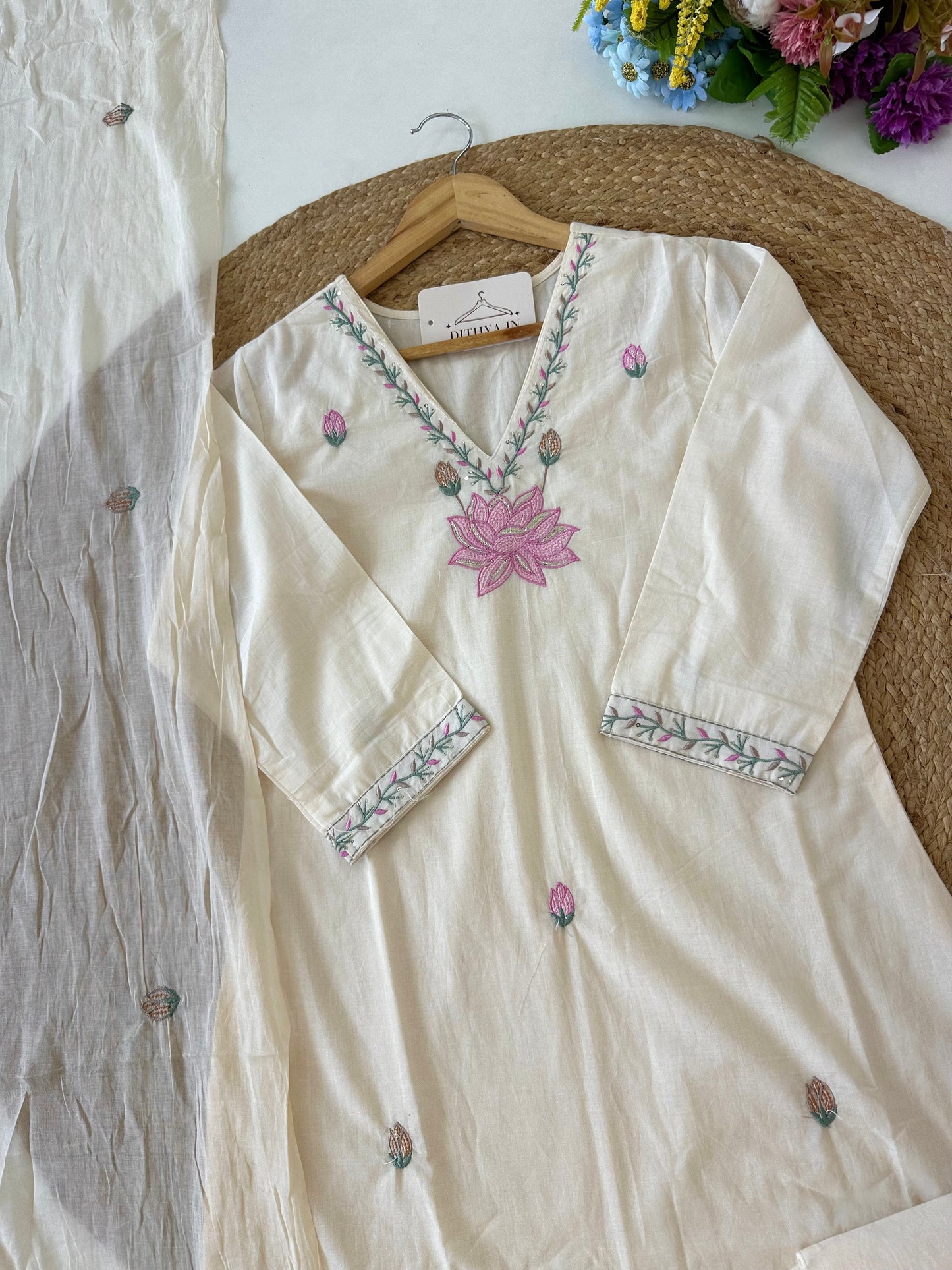 K484 - Mul cotton embroidered straight Kurti with pants and dupatta