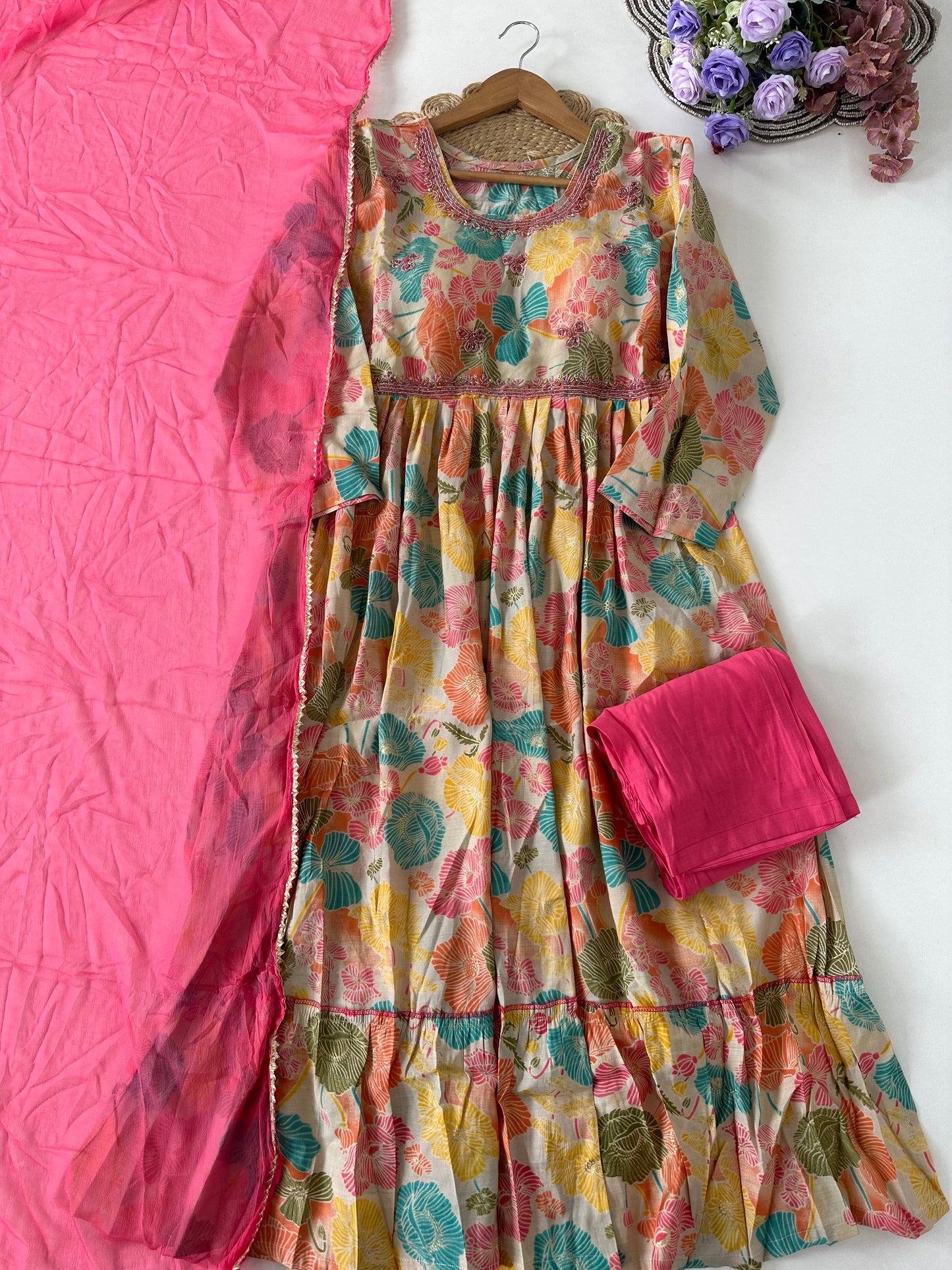 D050 -Muslin silk Anarkali with pants and dupatta