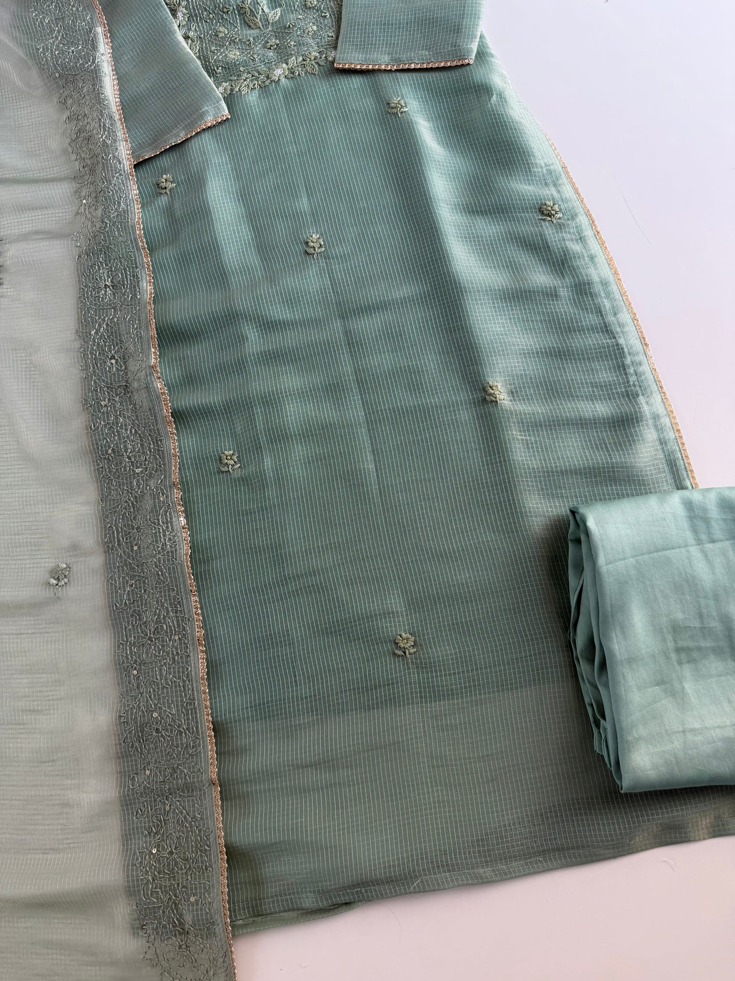 K107 - Chanderi tissue silk embroidered straight Kurti with pants and dupatta in 2 colours