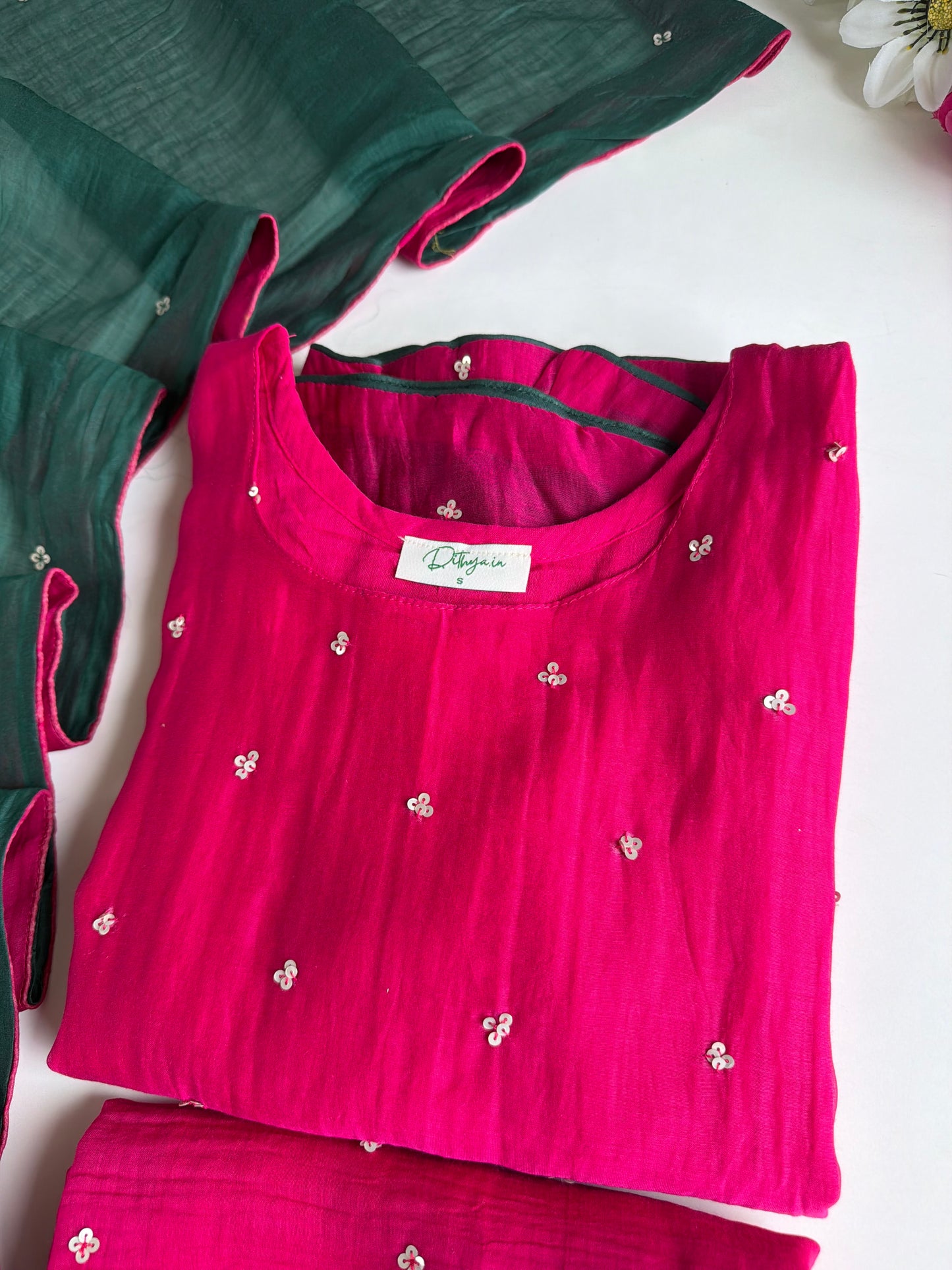 K345 - Mul chanderi handwork aline Kurti with pants and dupatta in 2 colours