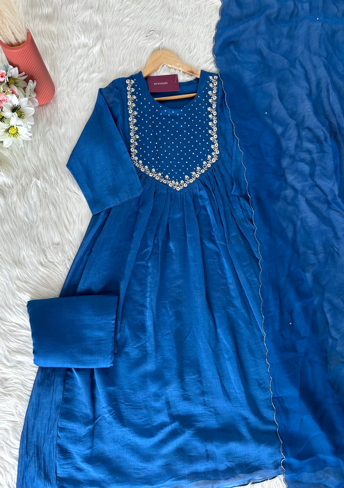K087 - Mul Chanderi handwork Aline Kurti with pants and dupatta in 3 colours