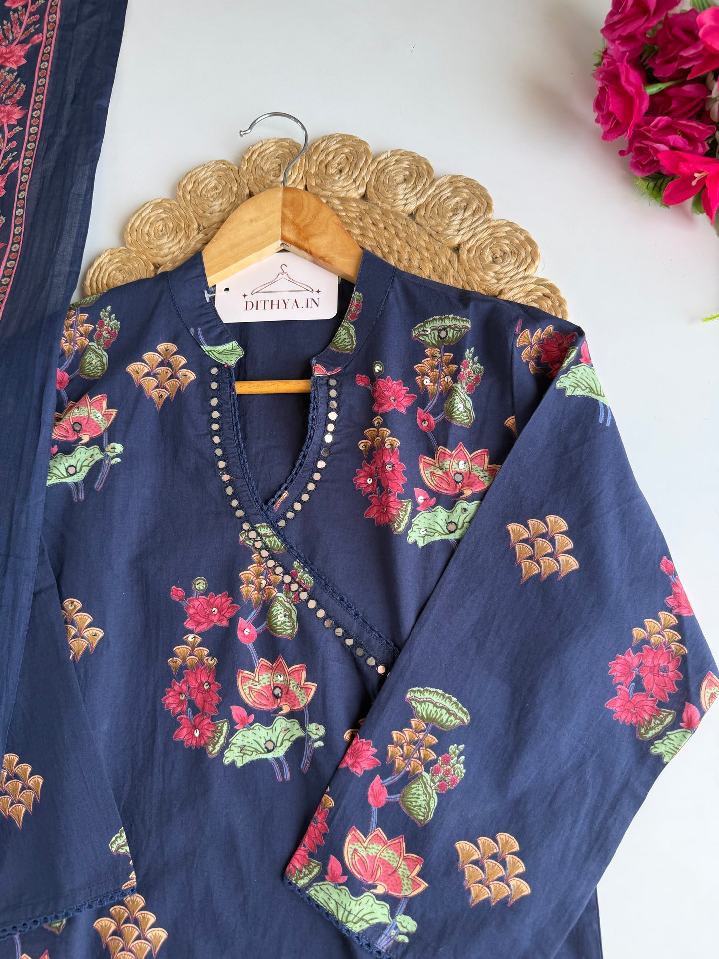 K730 - Mul cotton floral angrakha straight Kurti with pants and dupatta