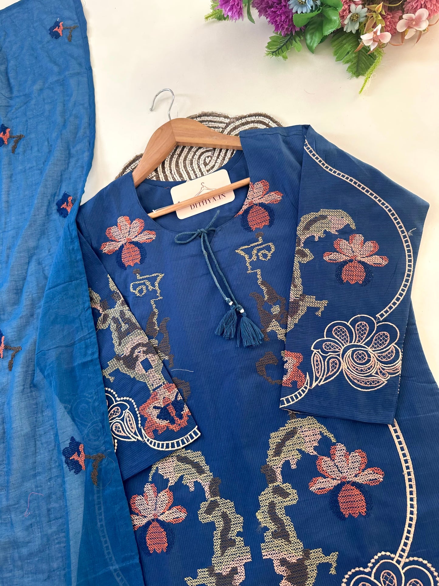 K649 - Mul cotton cross stitch straight Kurti with pants and dupatta