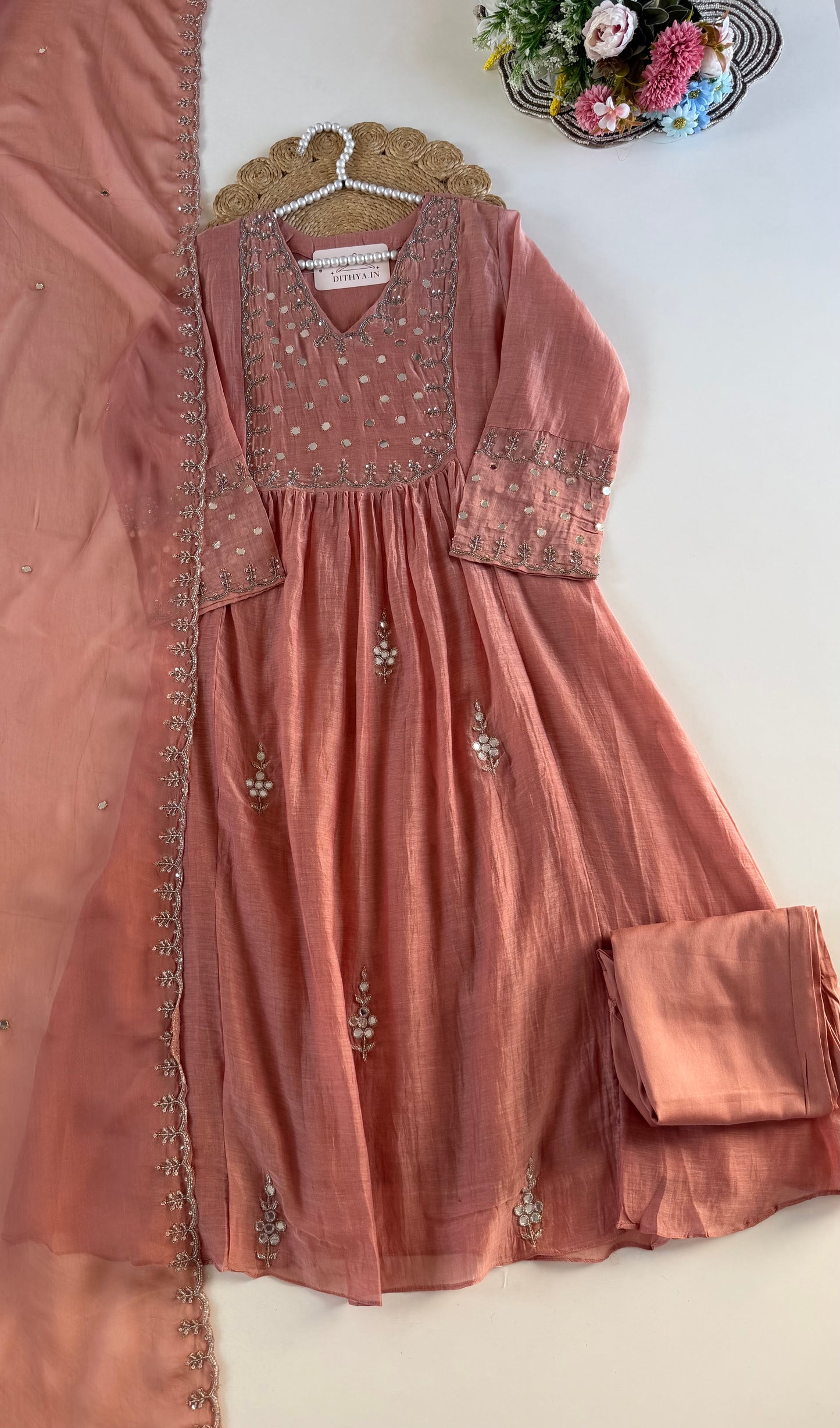 K626 - Mul chanderi handwork Anarkali with pants and dupatta