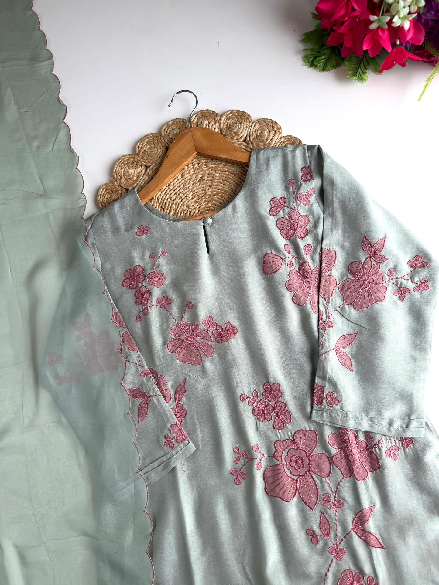 K014 - Russian silk appliqué embroidered straight Kurti with pants and dupatta