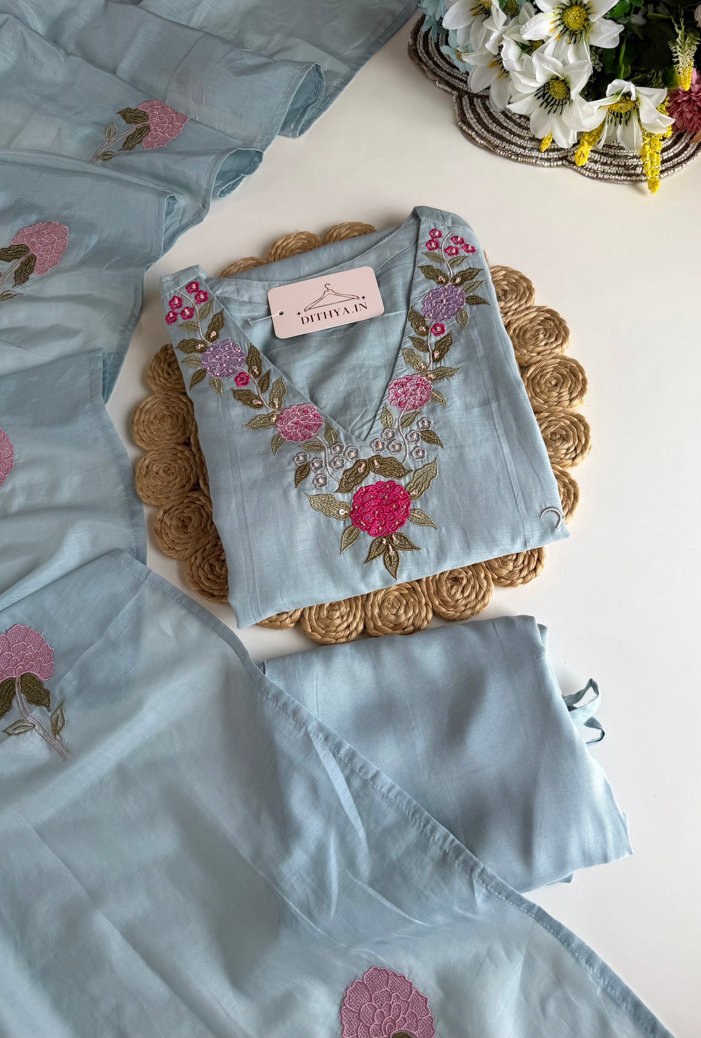 K090 - Mul chanderi appliqué work Anarkali with pants and dupatta