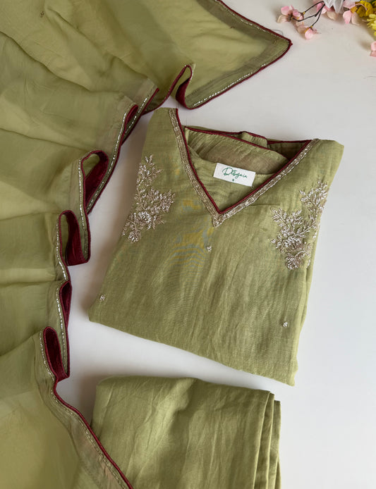 K417 - Mul chanderi handwork piping Aline Kurti with pants and dupatta