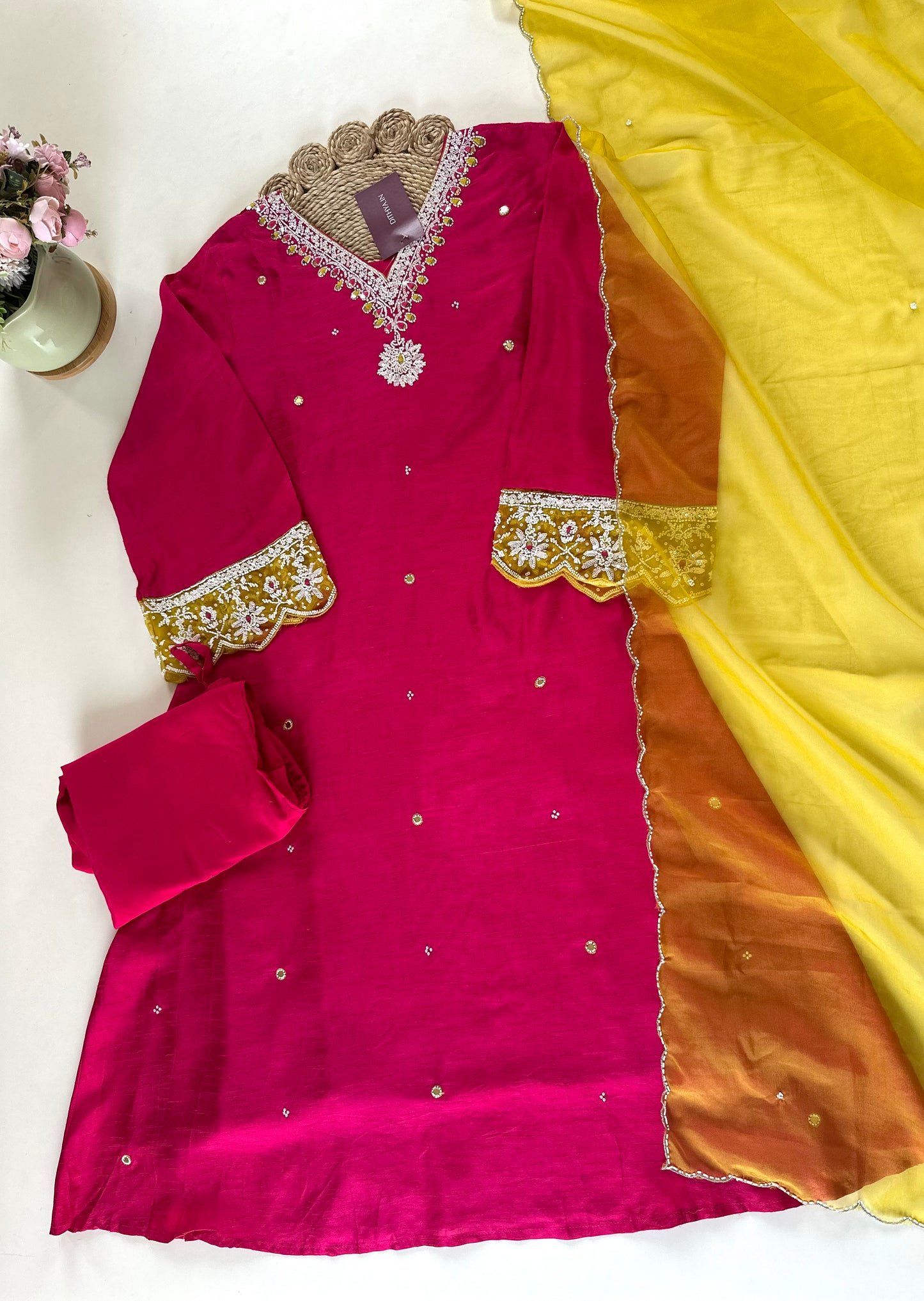 K156 - Russian silk handwork Aline Kurti with pants and dupatta .