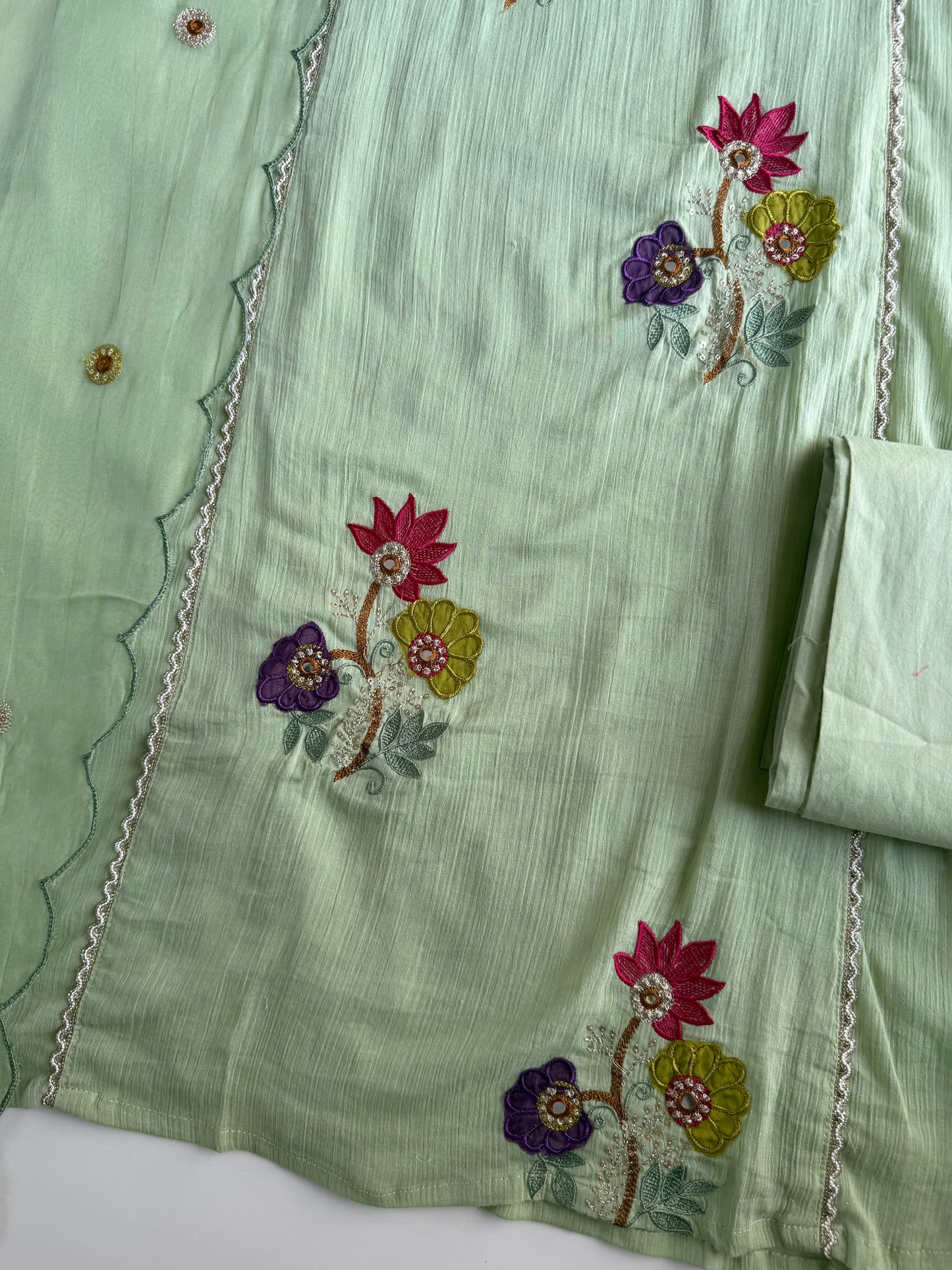 K539 - Crushed mul Chanderi embroidered Aline Kurti with pants and dupatta