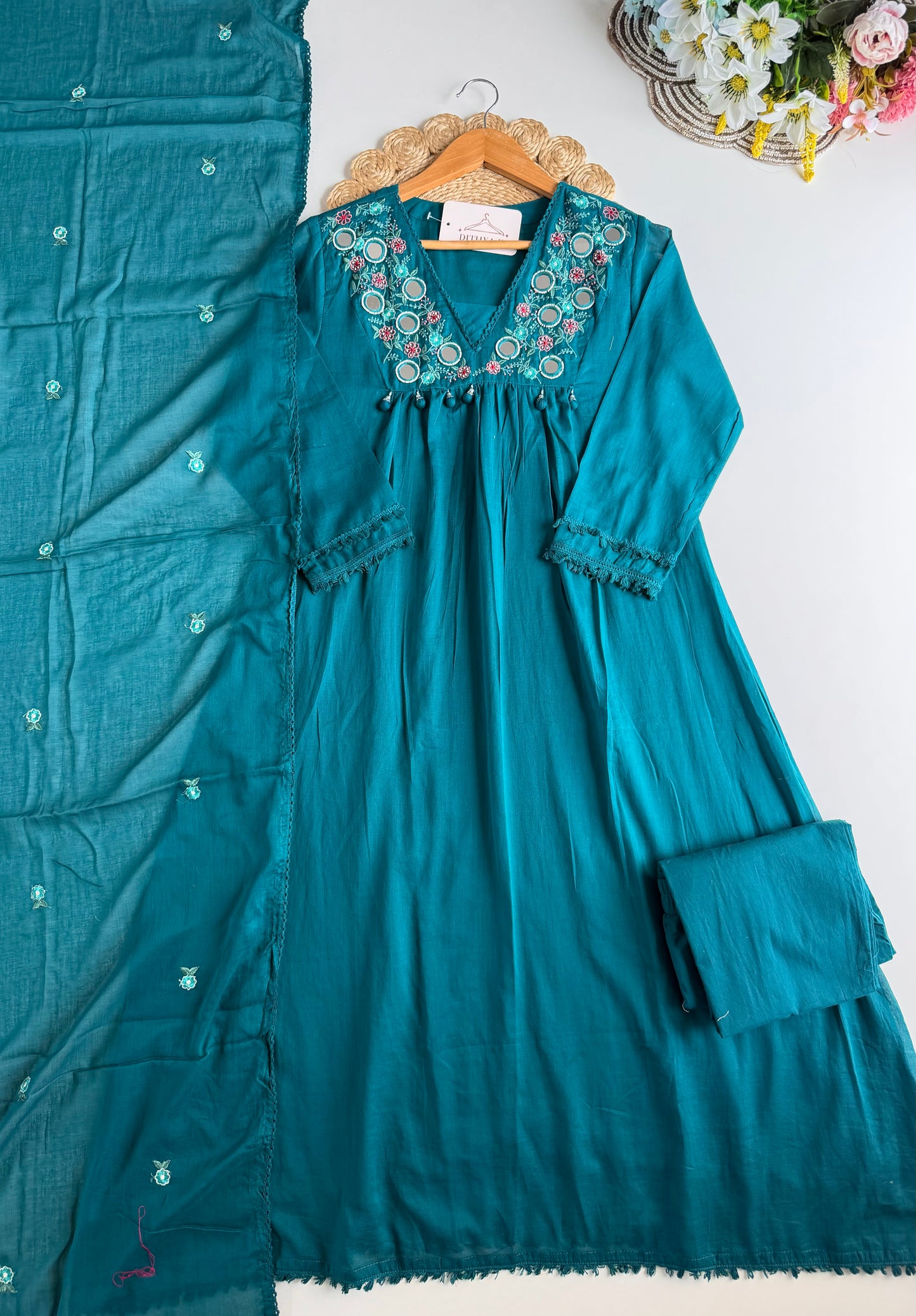 K231 - Mul cotton embroidered Anarkali with pants and dupatta