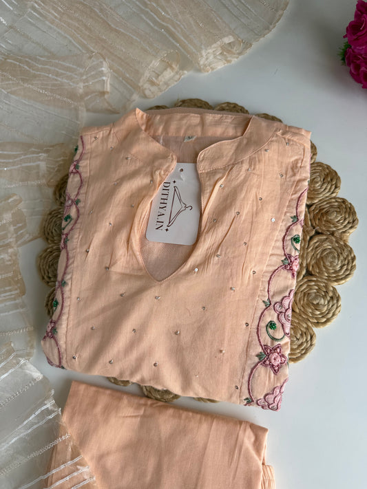 K727 - Mul cotton embroidered Aline Kurti with pants and dupatta