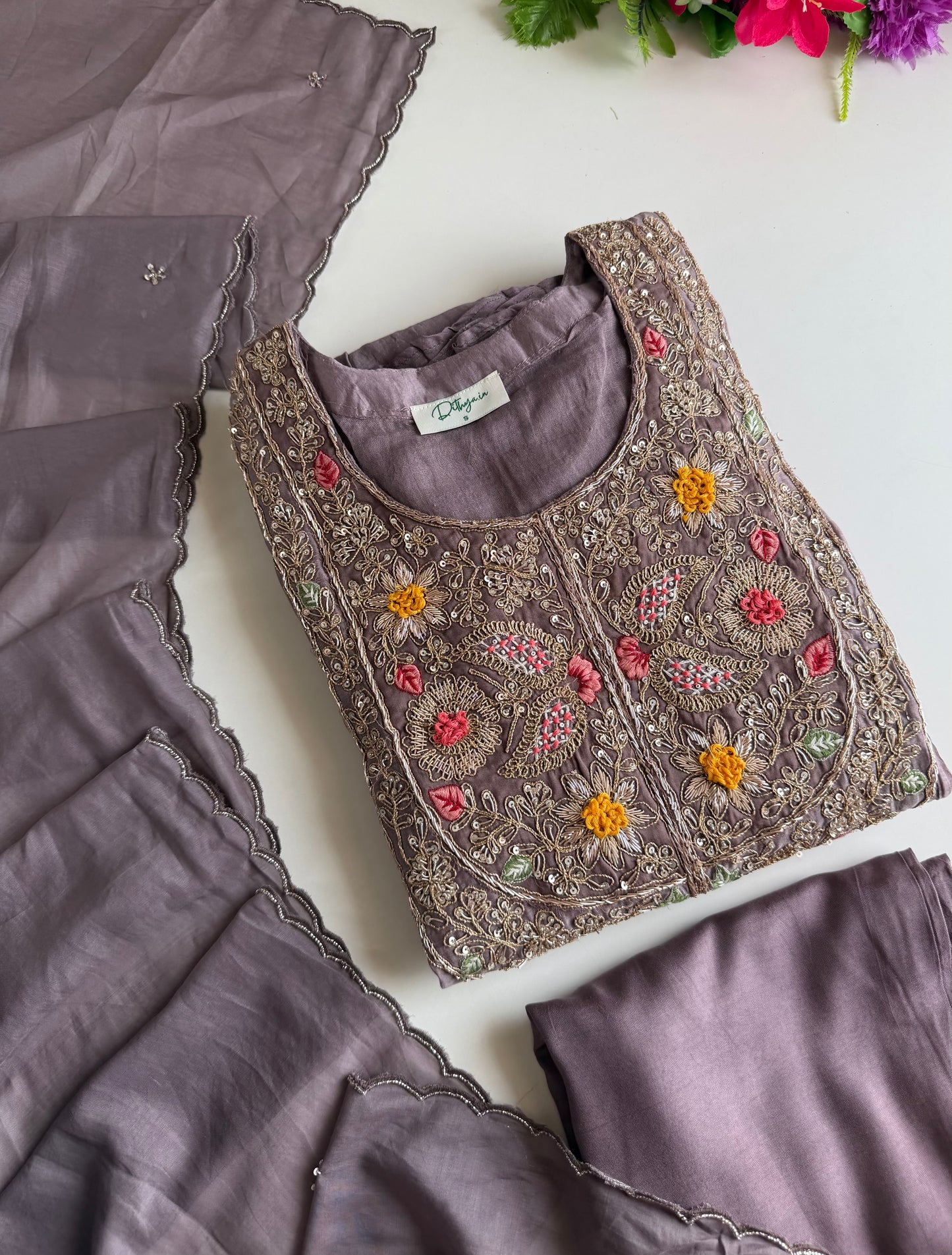 K424 - Mul chanderi heavy handwork Anarkali with pants and dupatta in 2 colours