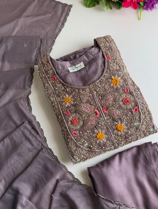 K424 - Mul chanderi heavy handwork Anarkali with pants and dupatta in 2 colours