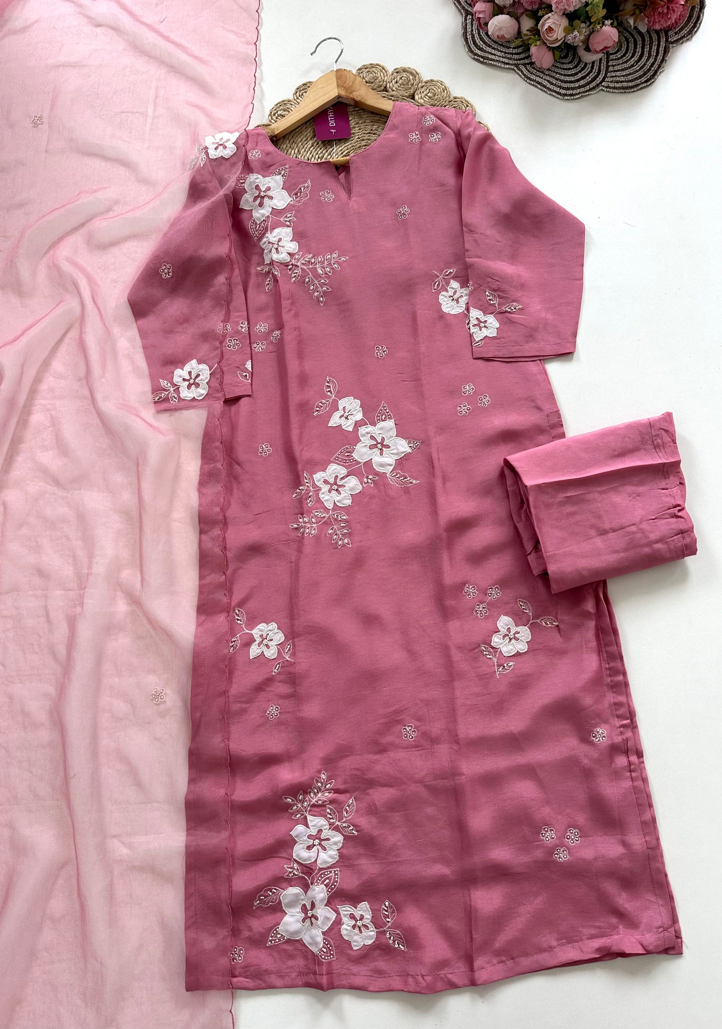 K085 - Russian silk appliqué work straight Kurti with pants and dupatta