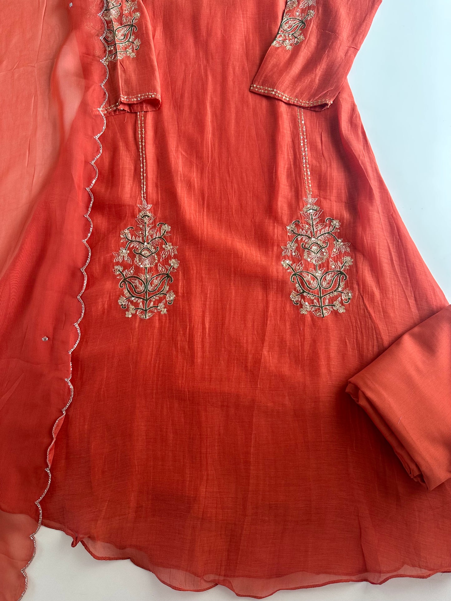 K010 - Mul Chanderi handwork Aline Kurti with pants and dupatta