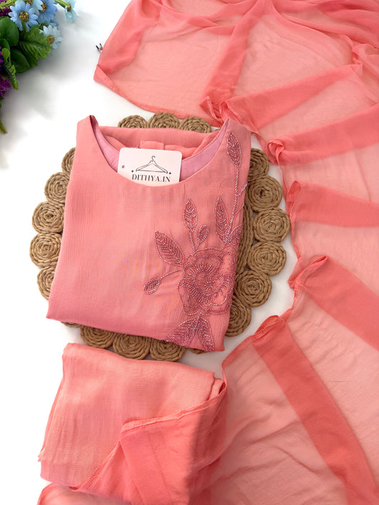 K057 - Pure Chinnon Handwork Aline Kurti with pants and dupatta