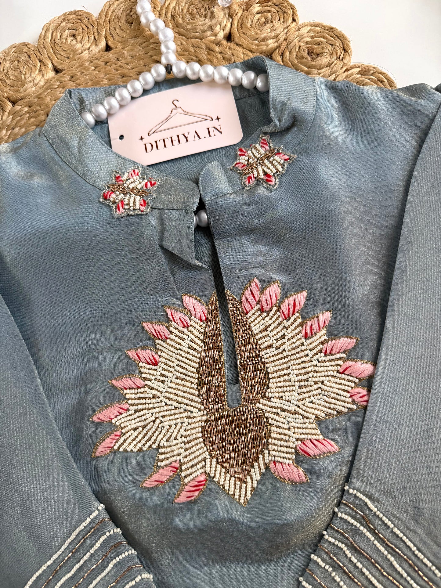 K229 - Tissue silk handwork short Kurti with divider pants and dupatta