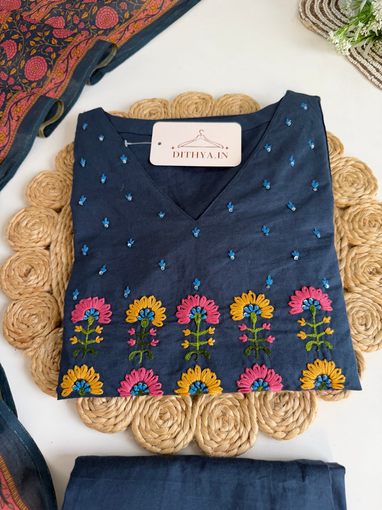 K645 - Mul cotton embroidered straight Kurti with pants and dupatta