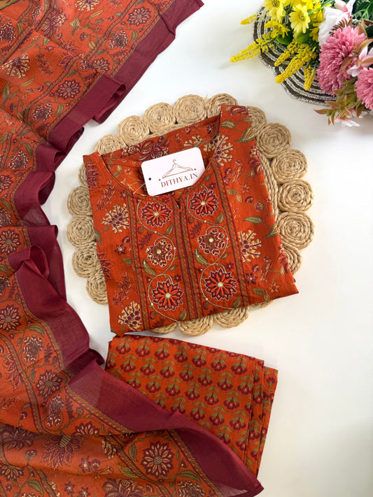 K335 - Pure Mul cotton embroidered straight Kurti with pants and dupatta