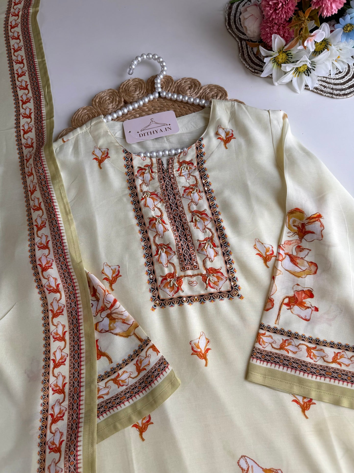 K554 - Muslin silk handwork straight Kurti with pants and dupatta