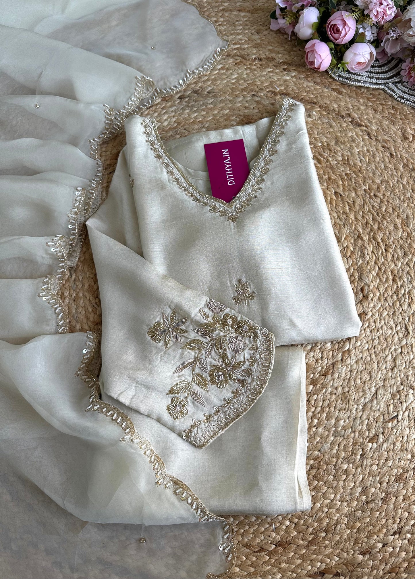 K415 - Russian silk handwork straight Kurti with pants and dupatta
