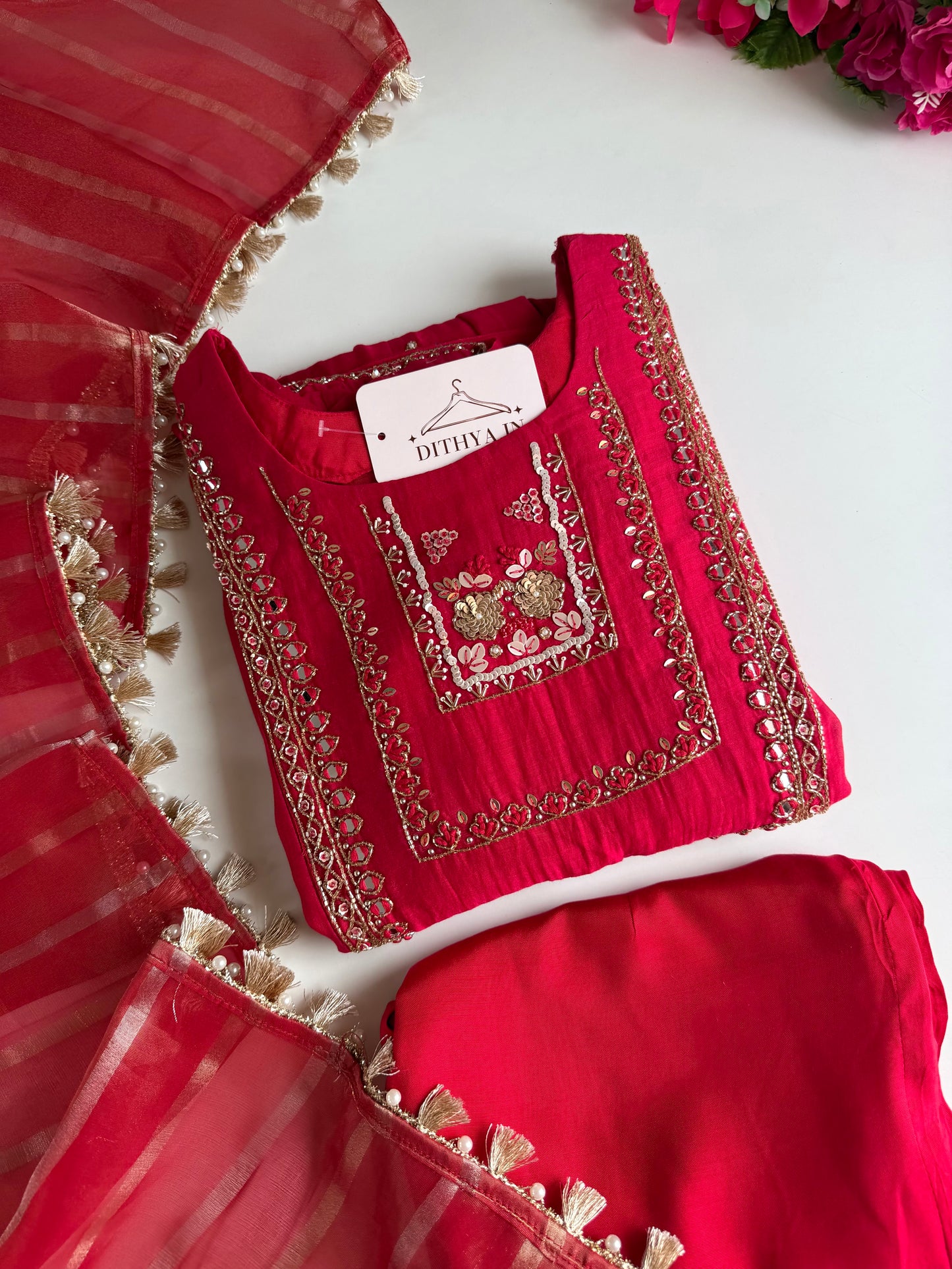 K229 - Mul chanderi handwork aline Kurti with pants and dupatta