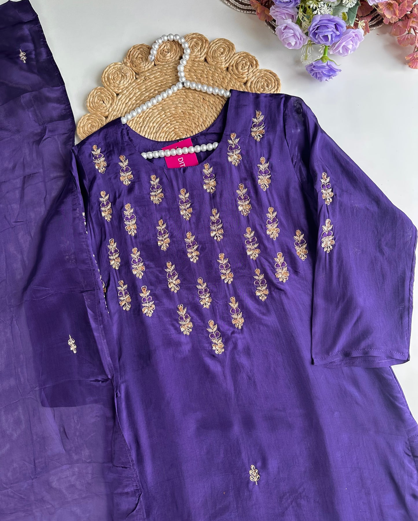 K288 - Russian silk handwork straight Kurti with pants and dupatta