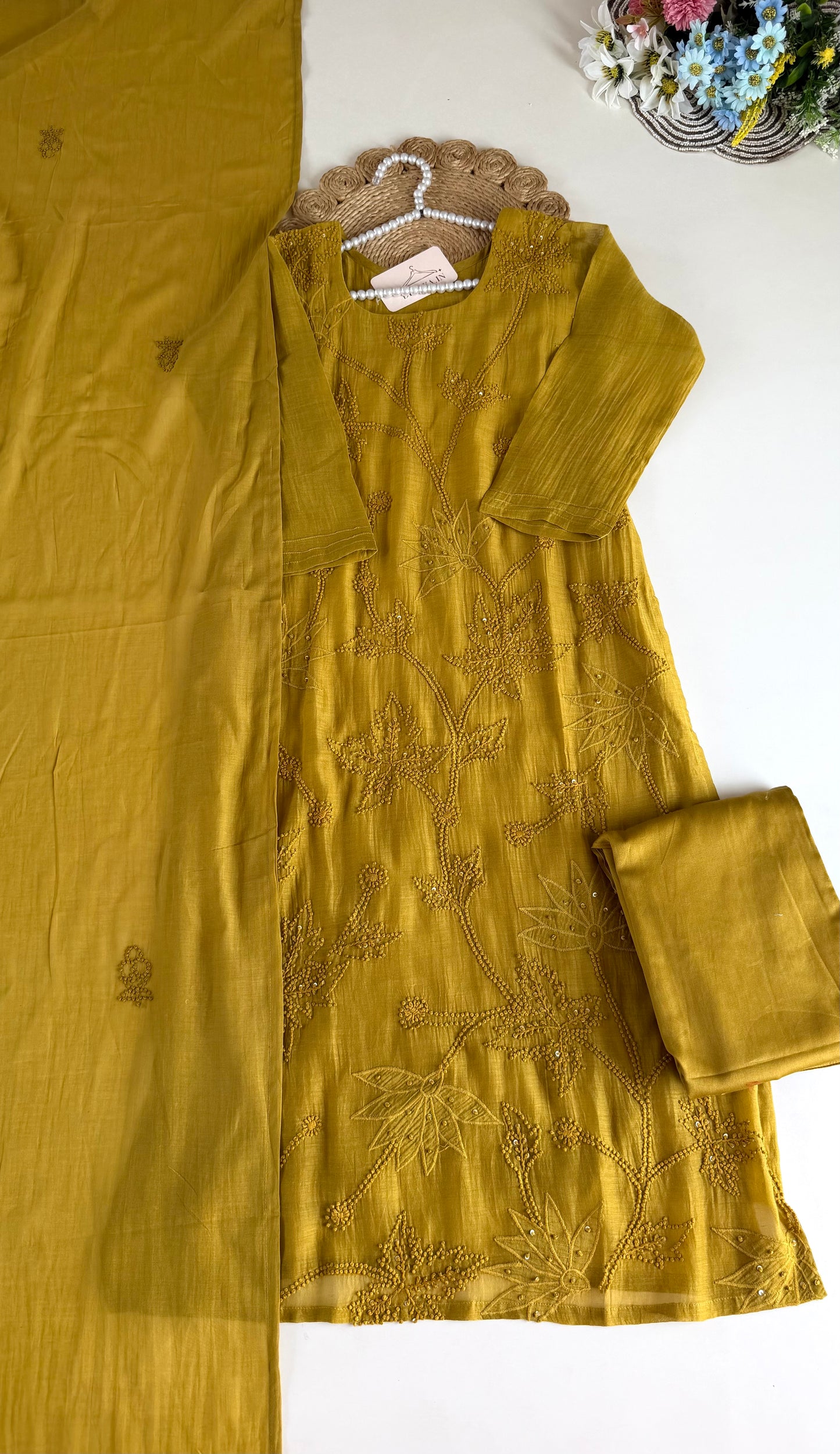 K261 - Mul chanderi knot work straight Kurti with pants and dupatta