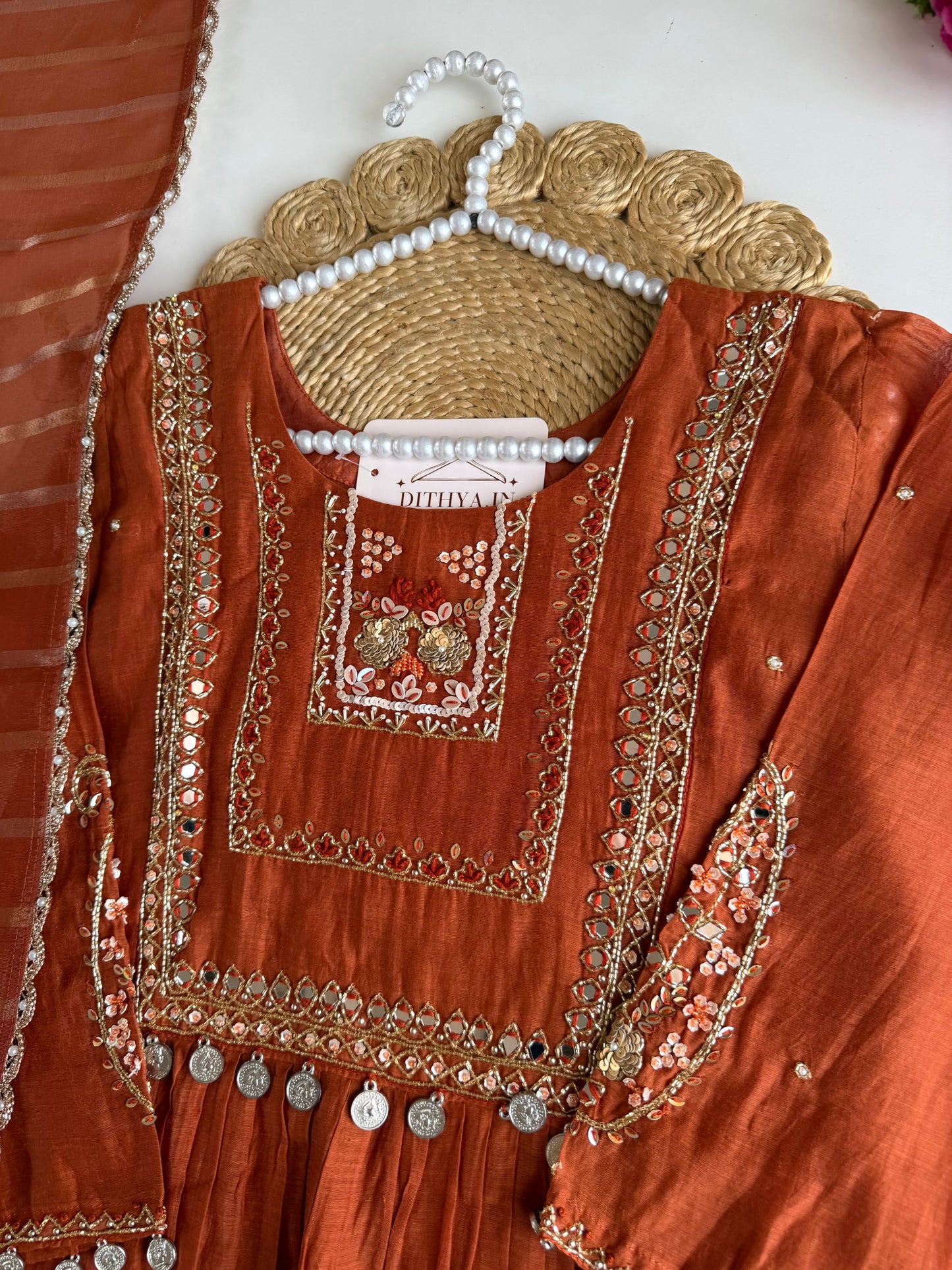 K435 - Mul chanderi handwork Aline Kurti with pants and dupatta
