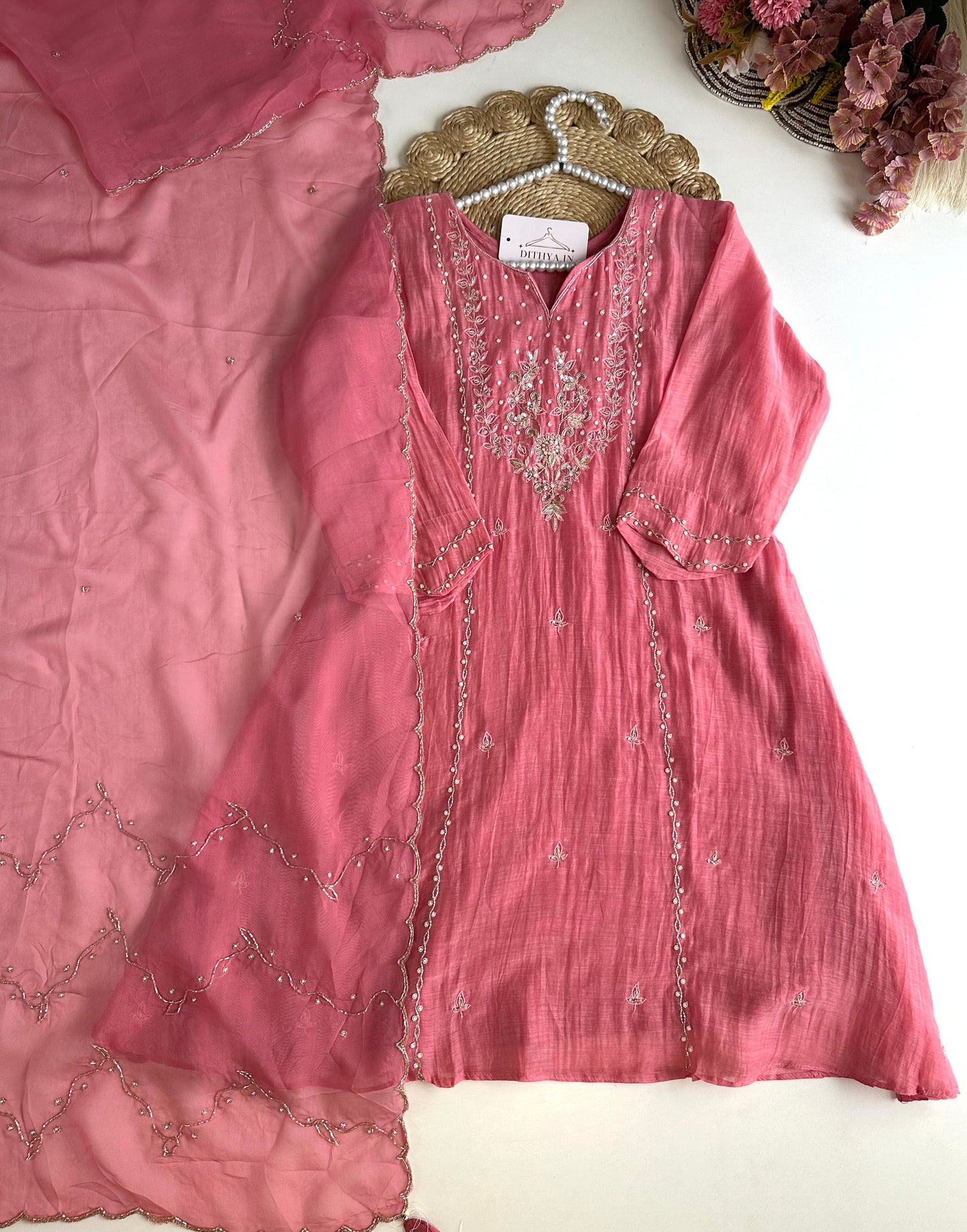 K195 - Mul Chanderi handwork Short Kurti with palazzo and dupatta