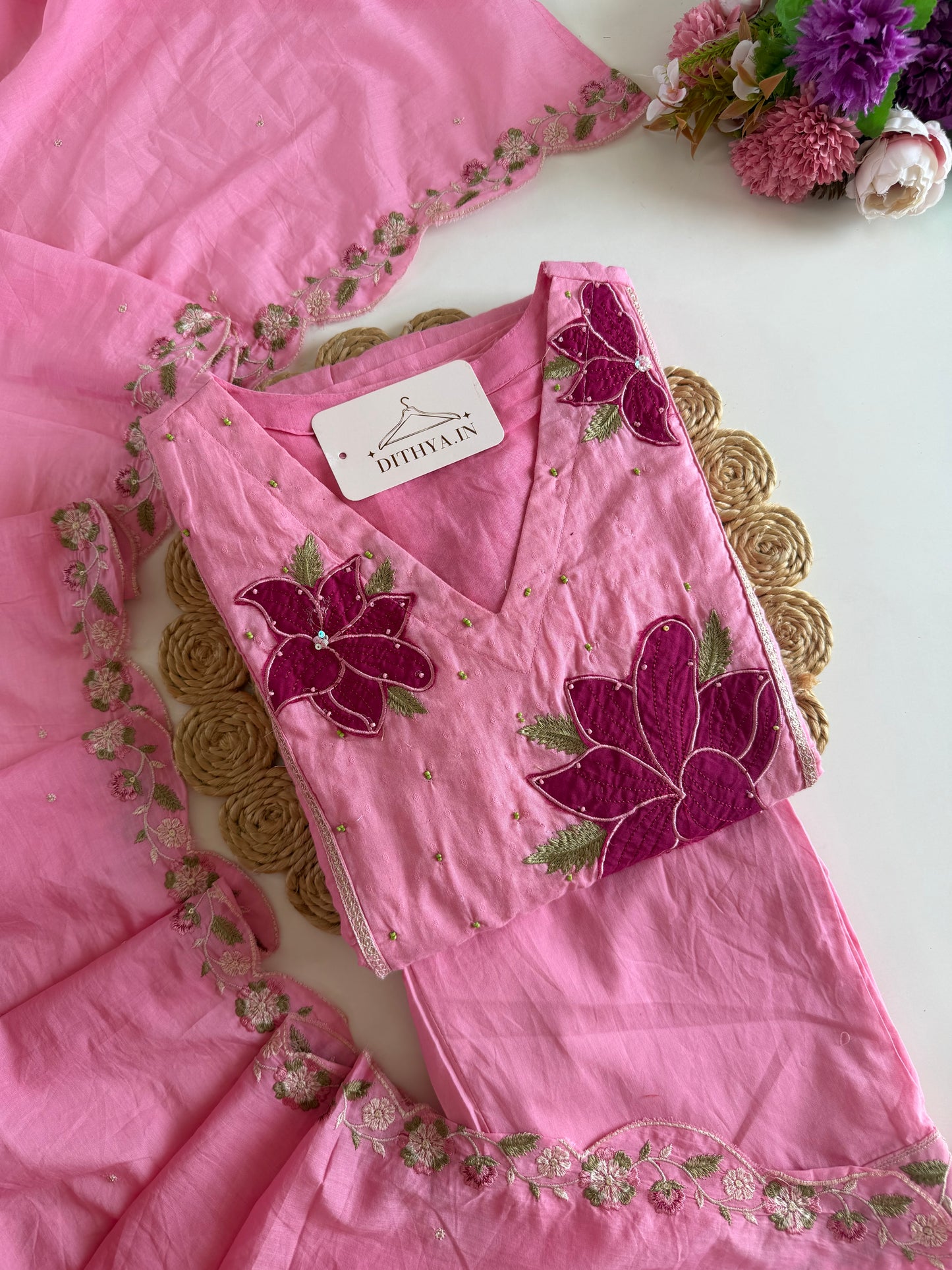 K215 - Mulmul cotton embroidered Anarkali with pants and dupatta