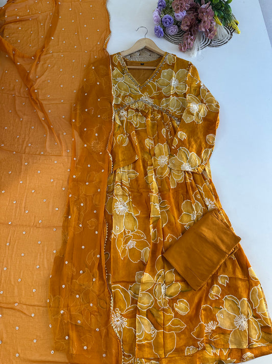 D386-Chinnon Alia cut Anarkali with pants and dupatta